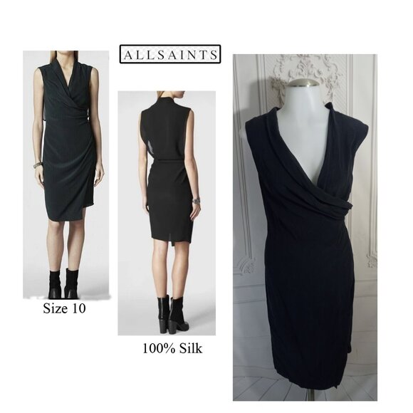 AllSaints 100% Silk Black Mayra Wrap Dress Knee Length  US Sz 10 - Picture 1 of 10